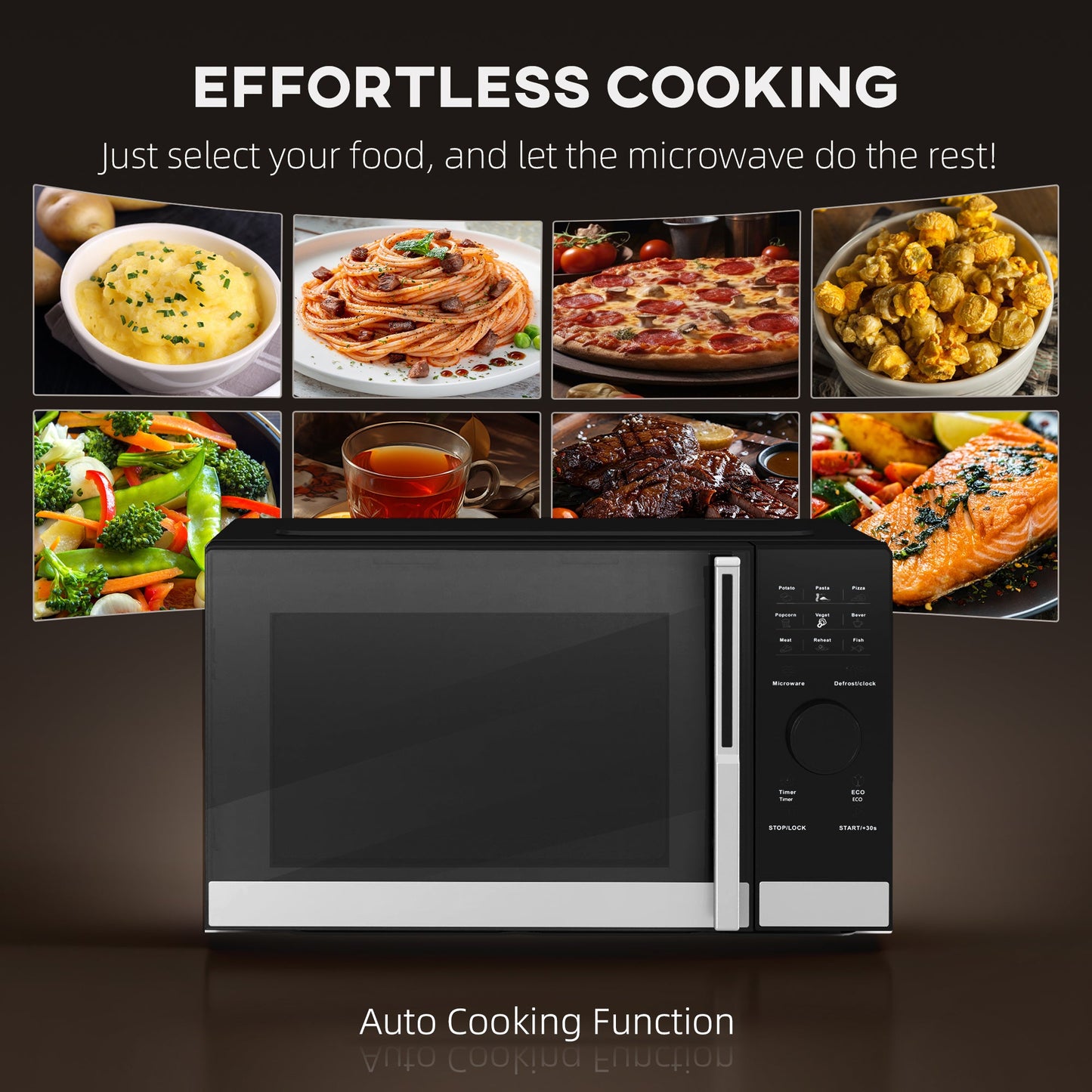 23L 800W Microwave Oven, Digital Solo Microwave with 10 Power Levels, Automatic Defrost, 8 Auto Cook Menus, 60 Minutes Timer, Eco Mode, Clock, Easy Clean, Small Black Microwave-3