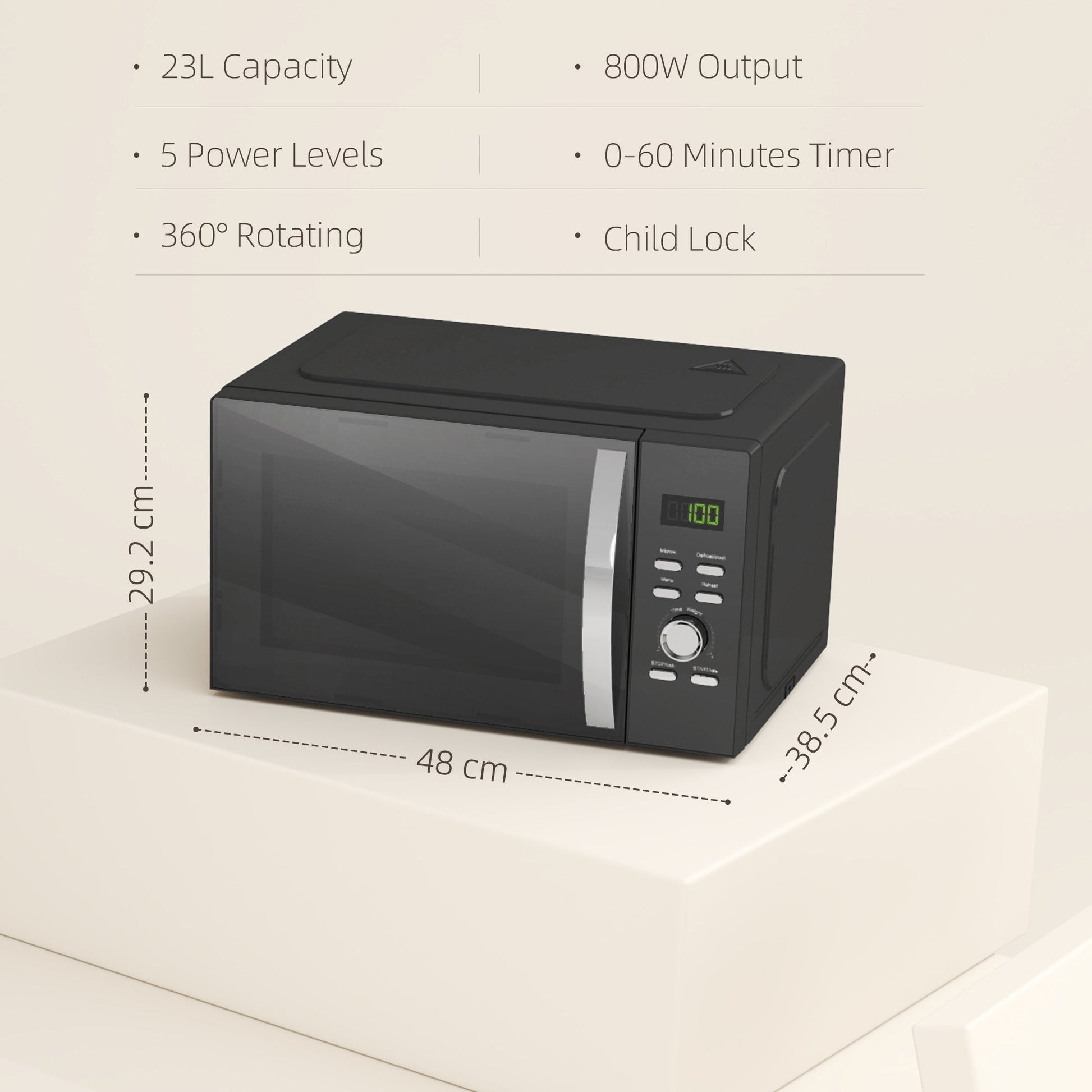 23L 800W Microwave Oven, Digital Solo Microwave with 5 Power Levels, Automatic Defrost, 8 Auto Cook Menus, 60 Minutes Timer, Clock, Easy Clean, Small Black Microwave-2