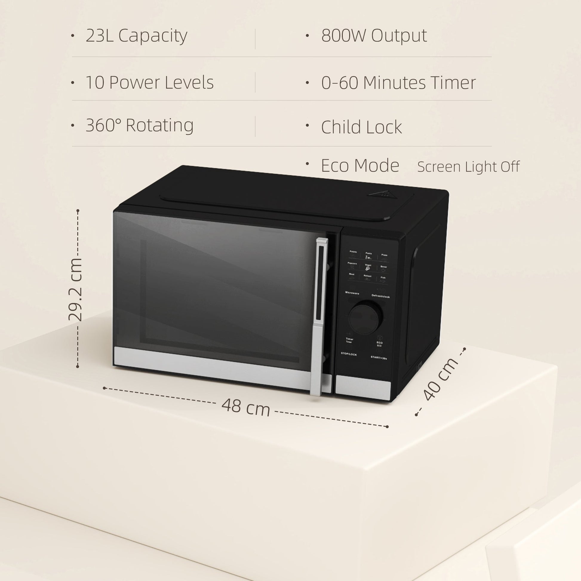 23L 800W Microwave Oven, Digital Solo Microwave with 10 Power Levels, Automatic Defrost, 8 Auto Cook Menus, 60 Minutes Timer, Eco Mode, Clock, Easy Clean, Small Black Microwave-2