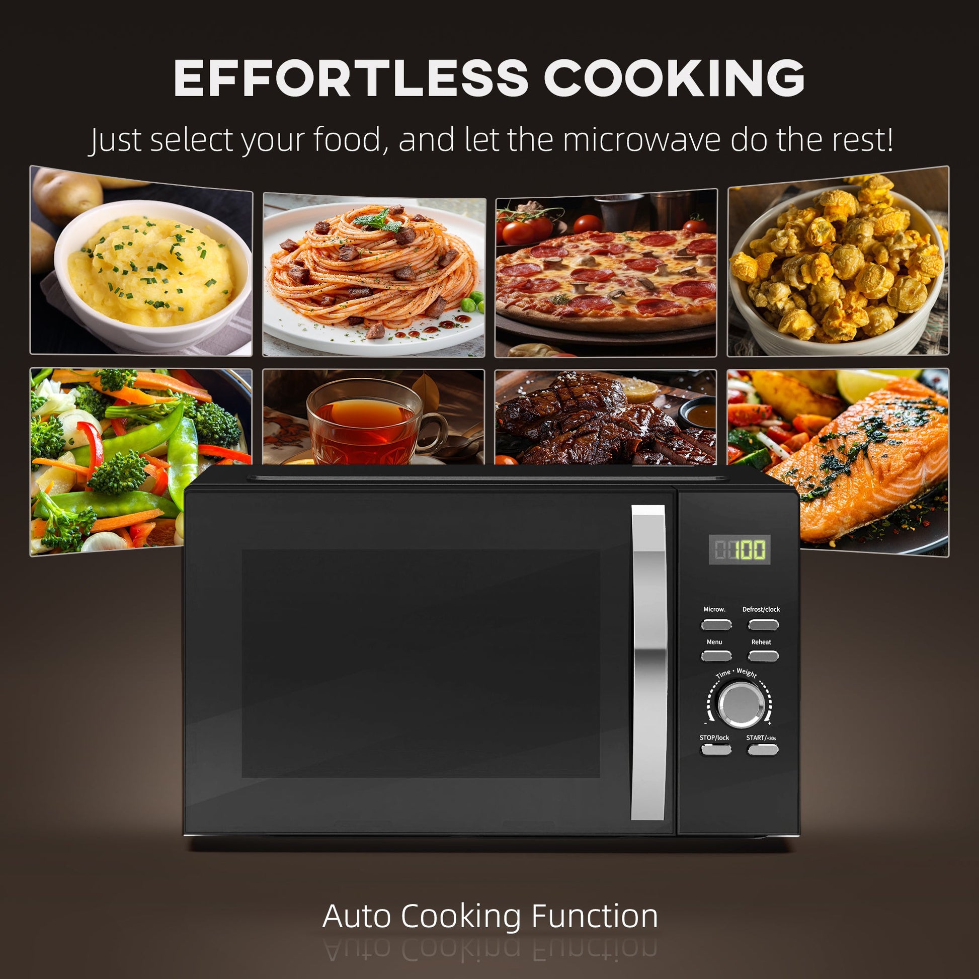 23L 800W Microwave Oven, Digital Solo Microwave with 5 Power Levels, Automatic Defrost, 8 Auto Cook Menus, 60 Minutes Timer, Clock, Easy Clean, Small Black Microwave-3