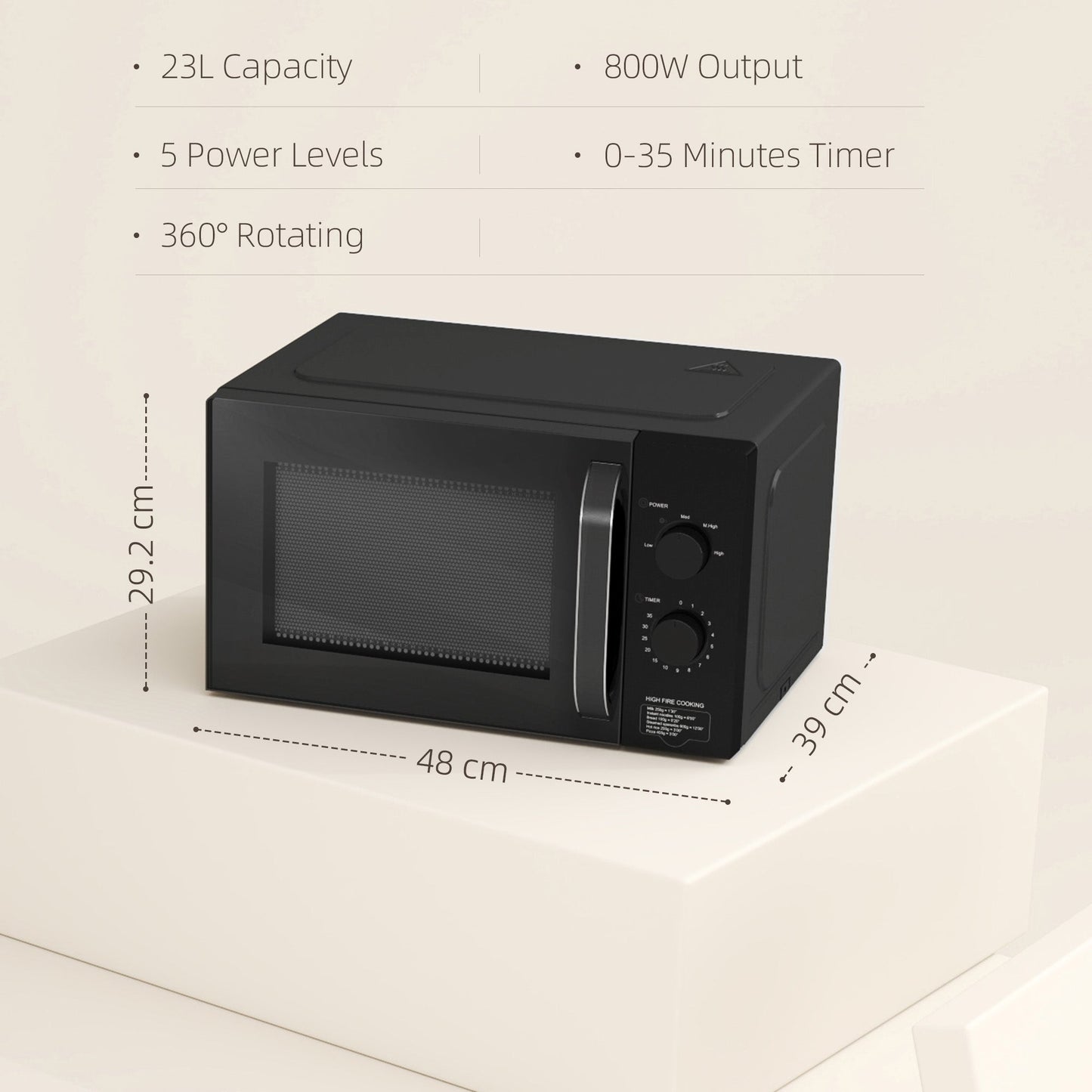 23L 800W Microwave Oven, Solo Manual Microwave with 5 Power Levels, Defrost, 35 Minutes Timer, Clock, Easy Clean, Small Black Microwave-2
