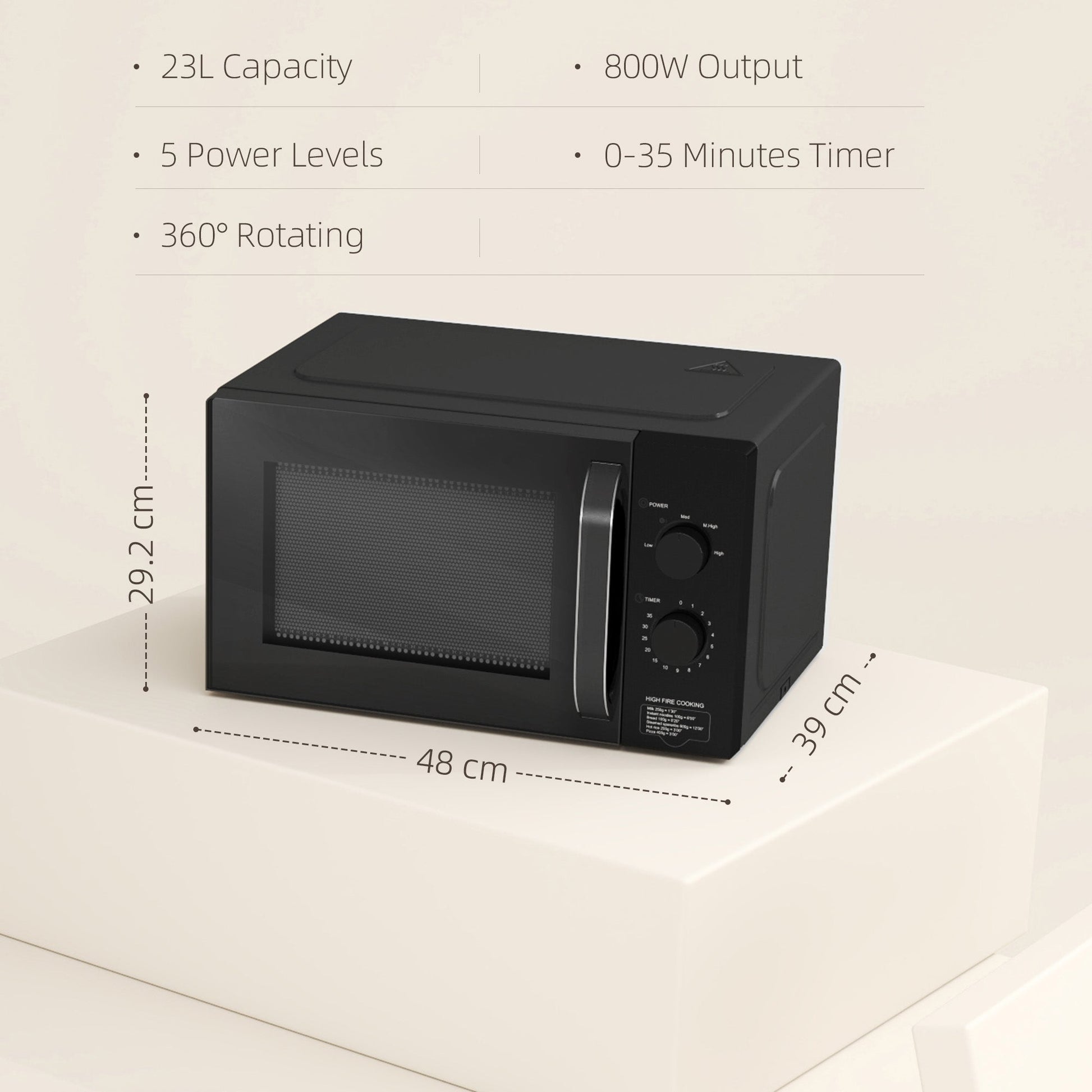 23L 800W Microwave Oven, Solo Manual Microwave with 5 Power Levels, Defrost, 35 Minutes Timer, Clock, Easy Clean, Small Black Microwave-2